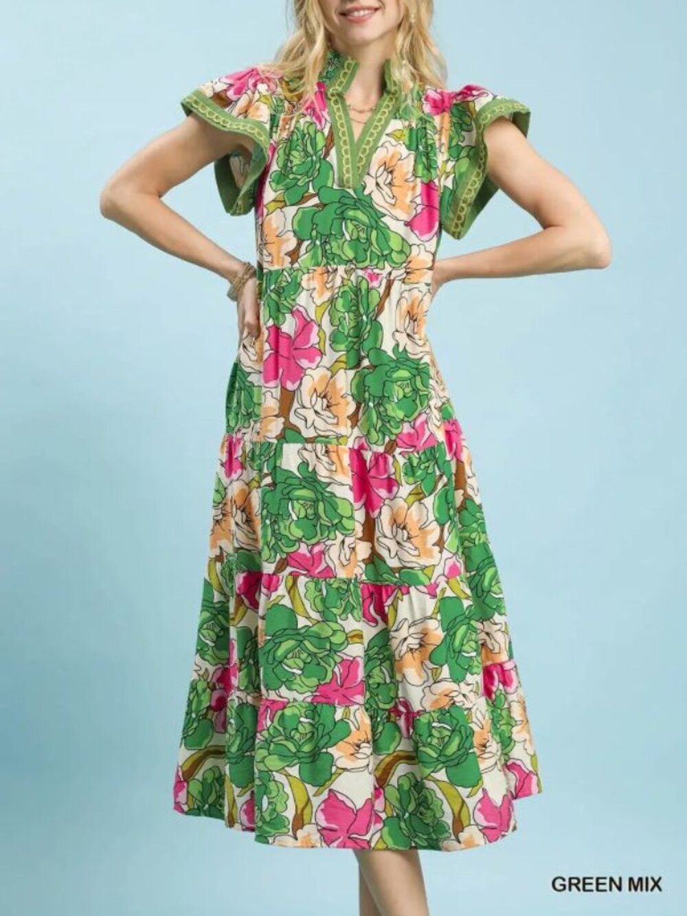 Umgee Mix Bold Floral Tiered Midi Dress – Green Mix🛍️